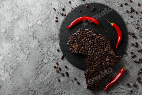 Preview: African continent made of coffee beans on gray textured background