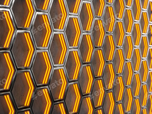 Preview: Glowing hexagonal cells on a concrete background. Abstract background with geometric structure.