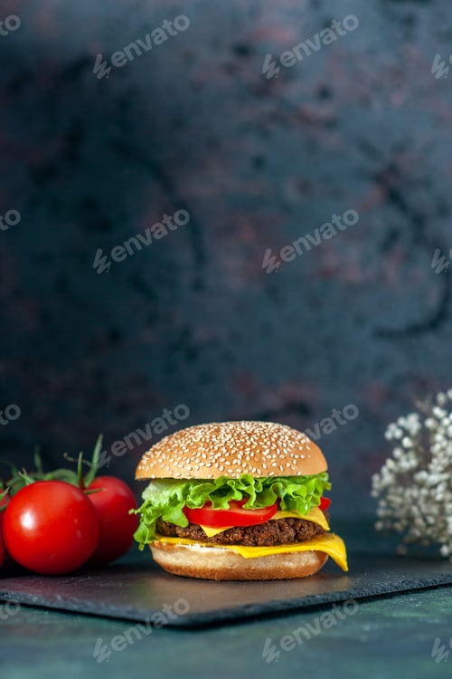 Preview: front view delicious meat hamburger with red tomatoes on dark background color fast-food french