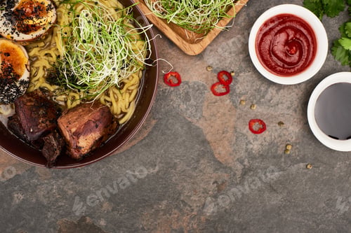 Preview: top view of spicy meat ramen near fresh ingredients and sauces on stone surface