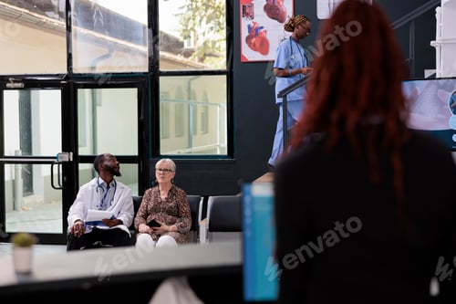 Preview: Doctor sitting in hospital waiting area showing disease report to senior patient during checkup
