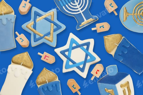 Preview: Hanukkah, star and menorah cookies on a blue background