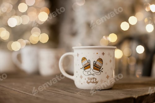 Preview: a cup of coffe with christmas tree lights bokeh as background.Holiday season coffee break.