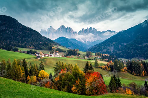 Preview: Santa Maddalena village with Odle mountain range in Val di Funes, Dolomites, Italy