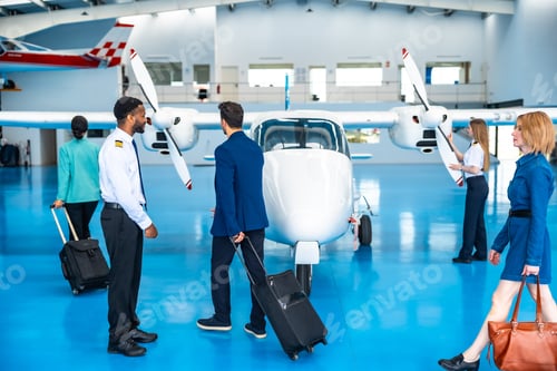 Preview: Business people boarding private jet with pilot in hangar