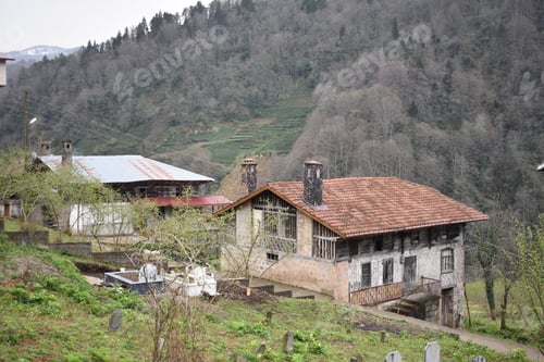 Preview: Shot of an old vintage house with a red roof made of stone and surrounded by trees.