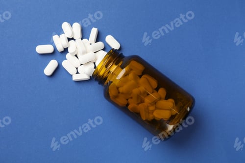 Preview: Vitamin pills and bottle on blue background, top view