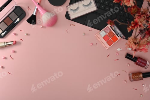 Preview: Feminine workspace, top view with copy space.