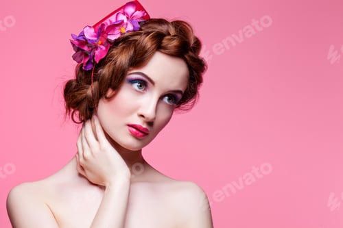 Preview: Beautiful girl with bright make-up and pink hat
