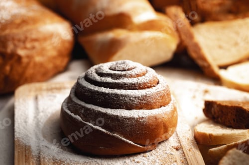 Preview: Fresh cinnamon bun roll with sugar powder on wooden board