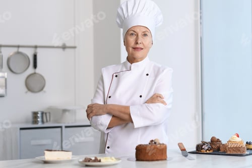 Preview: Senior pastry chef at table with desserts in kitchen