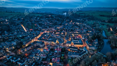 Preview: Aerial view of English town at dusk.