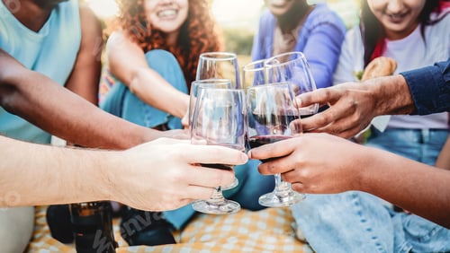 Preview: Wine party, People hands toast with glasses at winery vineyard. Friends have fun drinking in picnic