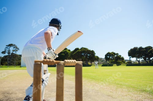Preview: Side view of cricket player batting while playing on field