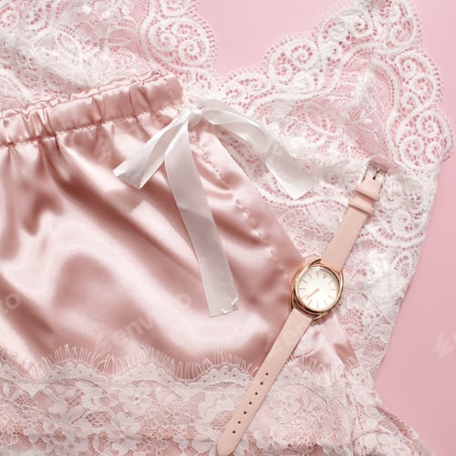 Preview: Fashion underwear. Stylish bra, watch on a pink background.