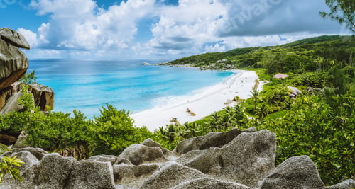 Preview: Grand Anse beach from view point. La Digue island, Seychelles