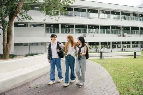 Preview: Three cheerful university students are walking together on campus, engaging in friendly conversation