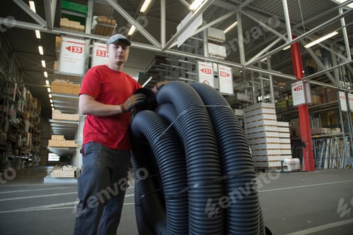 Preview: Portrait of worker with rolled up piping in hardware store warehouse