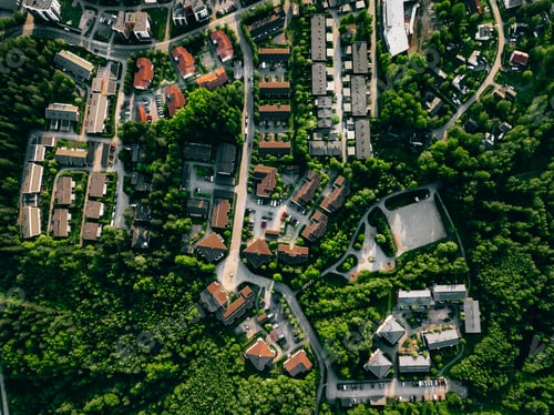 Preview: Aerial view of european town. Houses in beautiful residential neighbourhood in Finland