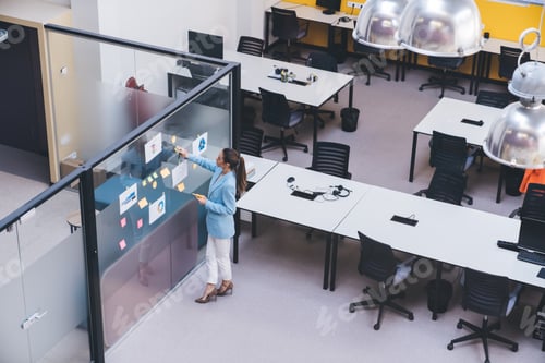 Preview: High angle of serious businesswoman analyzing project with sticky notes on glass wall in office