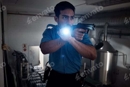 Preview: Torch, security and man with gun for search, inspection and property investigation at night. Survei