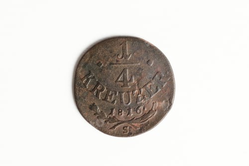 Preview: 1816 1/4 Kreuzer coin from Austria, eagle, shield, orb, sword. Habsburg money