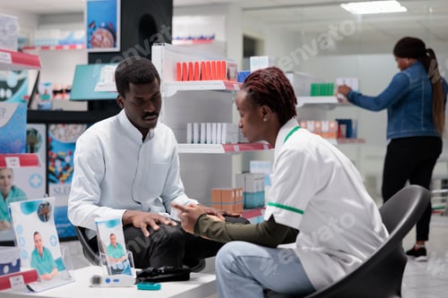 Preview: Pharmacist professional consultation, medic advising pills, patient buying tablets