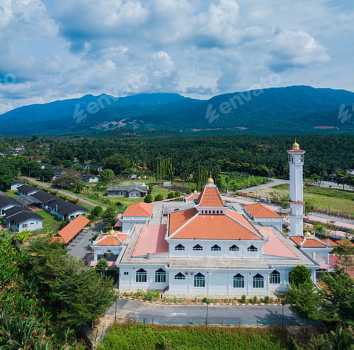 Preview: Aerial drone view of a white mosque known as Tun Khalil Mosque at Asahan, Melaka, Malaysia.