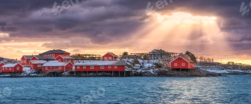 Preview: Norwegian fishing village and sea coast at sunset