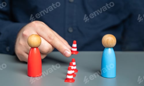 Preview: A man sets up a barrier of cones between people in conflict.