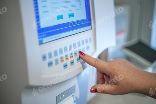 Preview: Selective focus shot of a female doctor adjusting the CBC (complete blood count) blood test machine