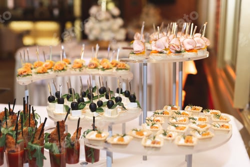 Preview: Catering table buffet dinner, beautifully decorated banquet with variety of different food snacks