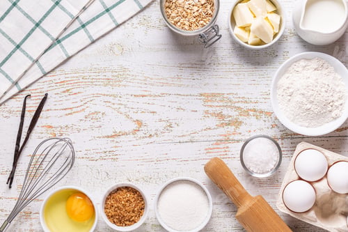 Preview: Ingredients for baking - flour, eggs, salt, sugar, milk.