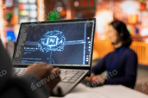 Preview: Call center worker using AI tech on laptop to reply to customers, closeup
