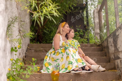 Preview: mother and daughter, in summer in white dresses with lemons, sit on the stairs in the garden