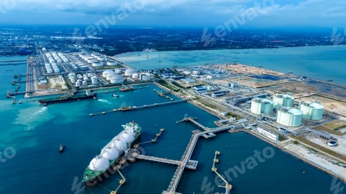Preview: LNG (Liquified Natural Gas) tanker anchored in Gas terminal gas tanks for storage. Oil Crude Gas