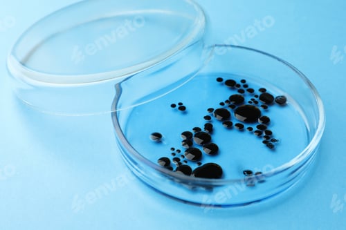 Preview: Petri dish with bacteria colony on light blue background