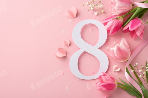 Preview: Women's Day concept. Top view of the date 8 March, a full bouquet of tulips and gypsophila