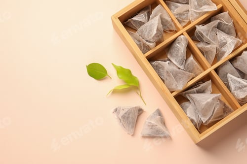 Preview: Many tea bags in wooden box and leaves on color background, flat lay. Space for text