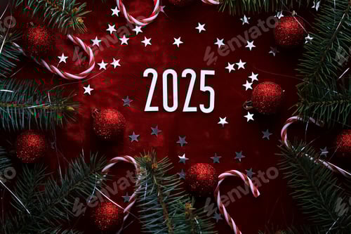 Preview: New Year red 2025 background. Number of the coming year in Christmas decoration.