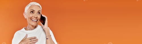 Preview: Charming Woman in Stylish Attire Engaging in Lively Conversation Against Vibrant Background