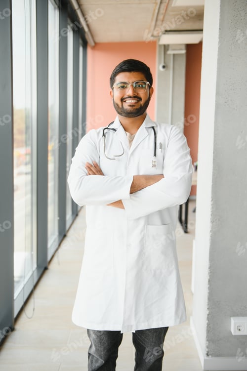 Preview: Portrait of male indian doctor on clinic corridor as background