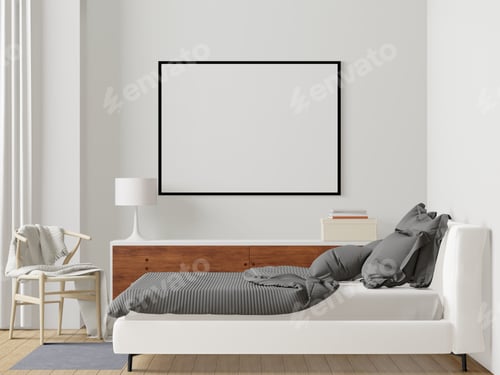 Preview: 3D Modern interior of bedroom with mockup photo frame