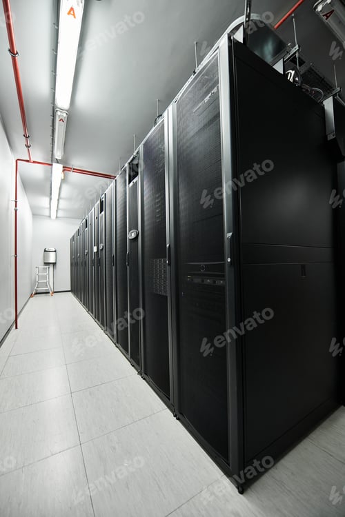 Preview: A professional data center features rows of server hardware in a sleek, modern setup.