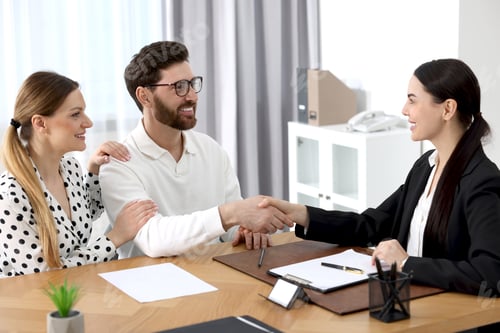 Preview: Lawyer shaking hands with clients in office