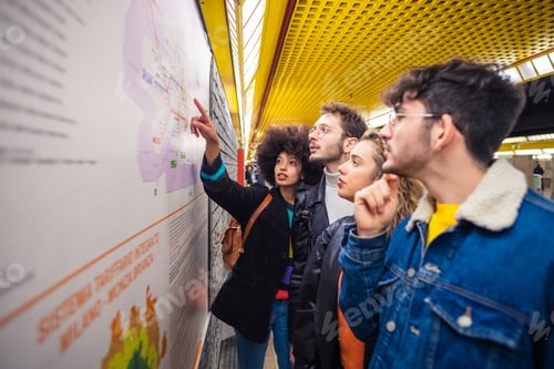 Preview: Group of multiethnic friends underground looking map