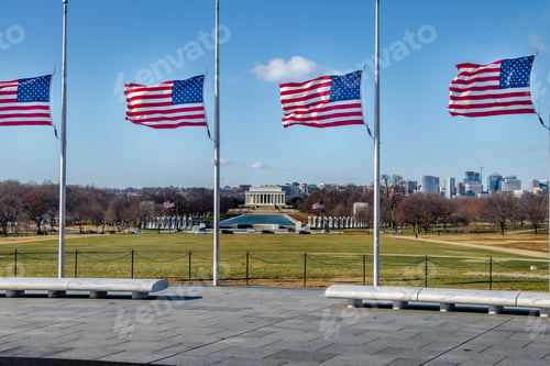 Preview: American Flags with Lincoln Memorial on background - Washington, D.C., USA