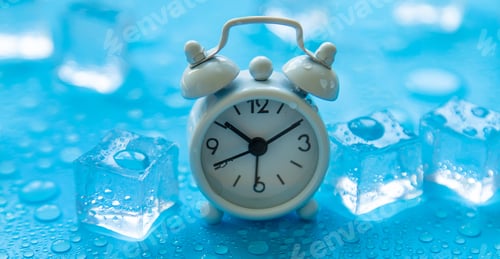 Preview: Clock and ice cubes. Vacation and daylight saving time concept. Selective focus.
