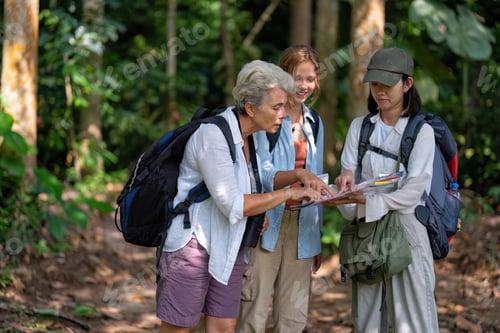 Preview: Backpack tourist travel outdoor adventure bird study using binoculars looking and record to book