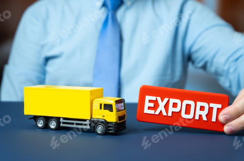 Preview: Truck and export sign. Cargo transportation for export. Cross border transportation